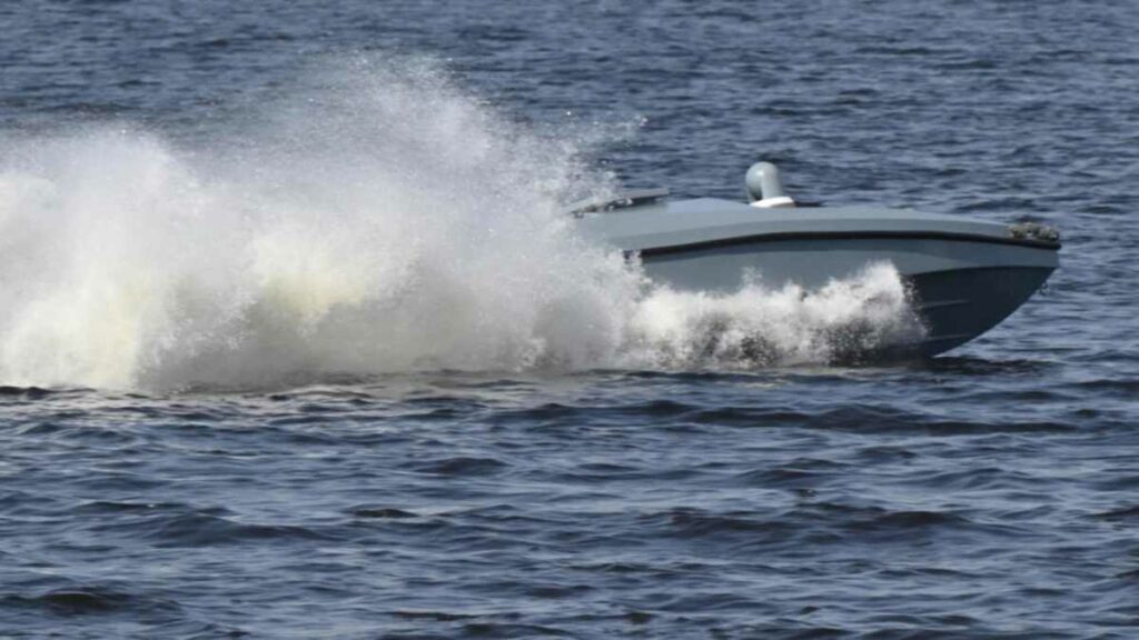 En las tranquilas aguas de un lago, una pequeña embarcación gris va de un lado a otro. Foto: AFP