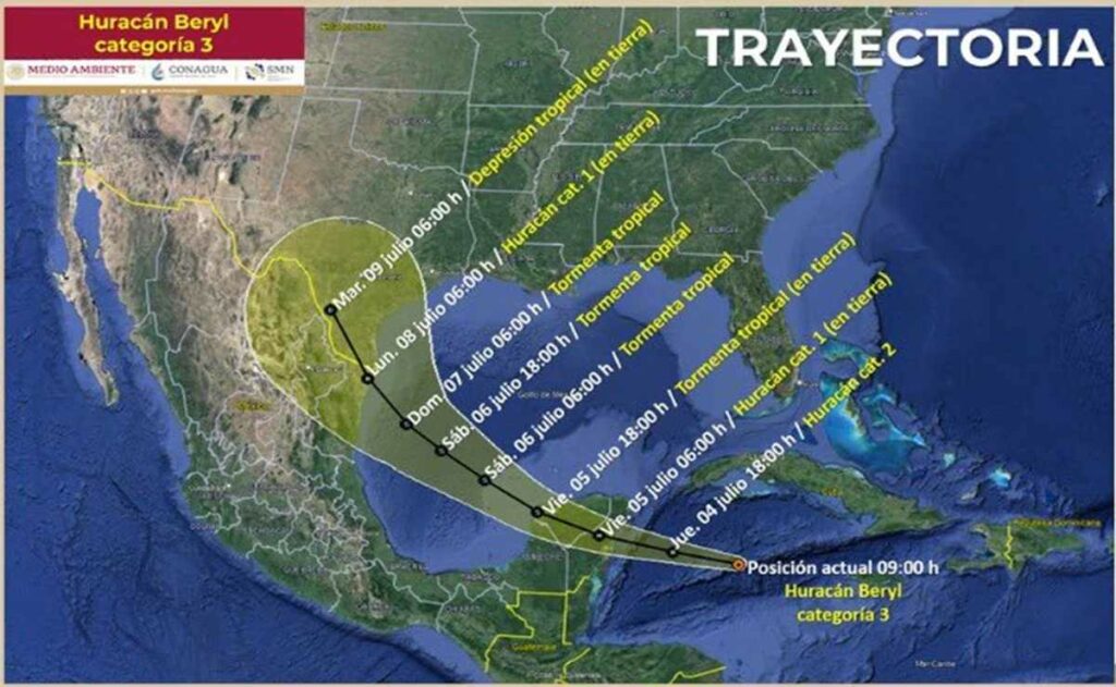 El huracán Beryl se debilitaba en su camino hacia México, que ultima un operativo de emergencia para enfrentar a la tormenta. Foto: AFP