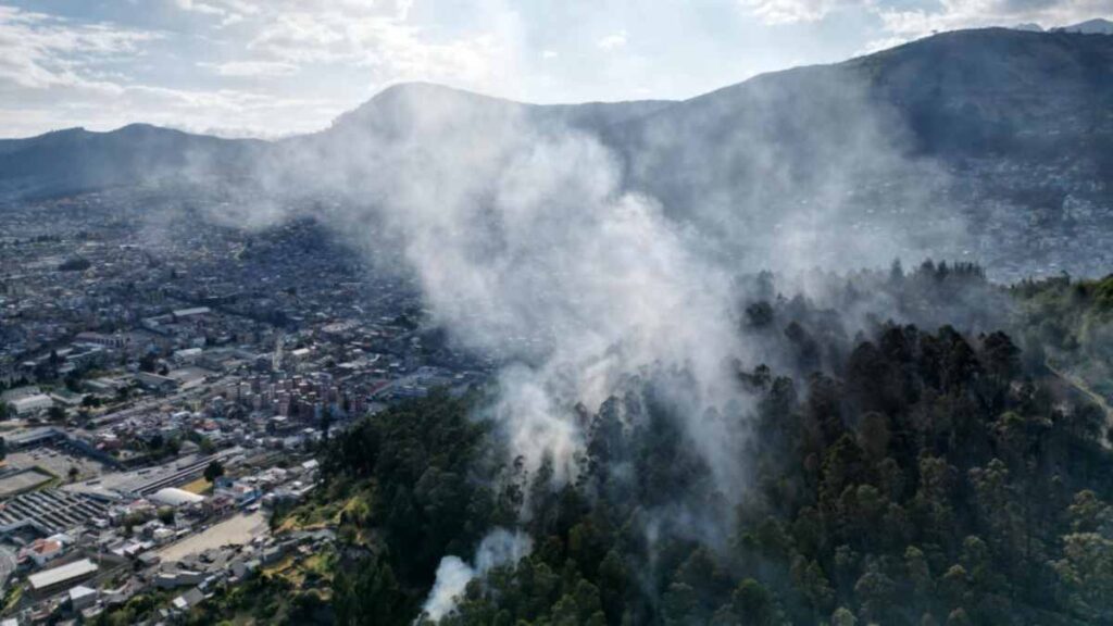 Parte de un bosque de la turística loma de El Panecillo, en el centro histórico de Quito, quedó envuelto en llamas a causa de un incendio forestal.