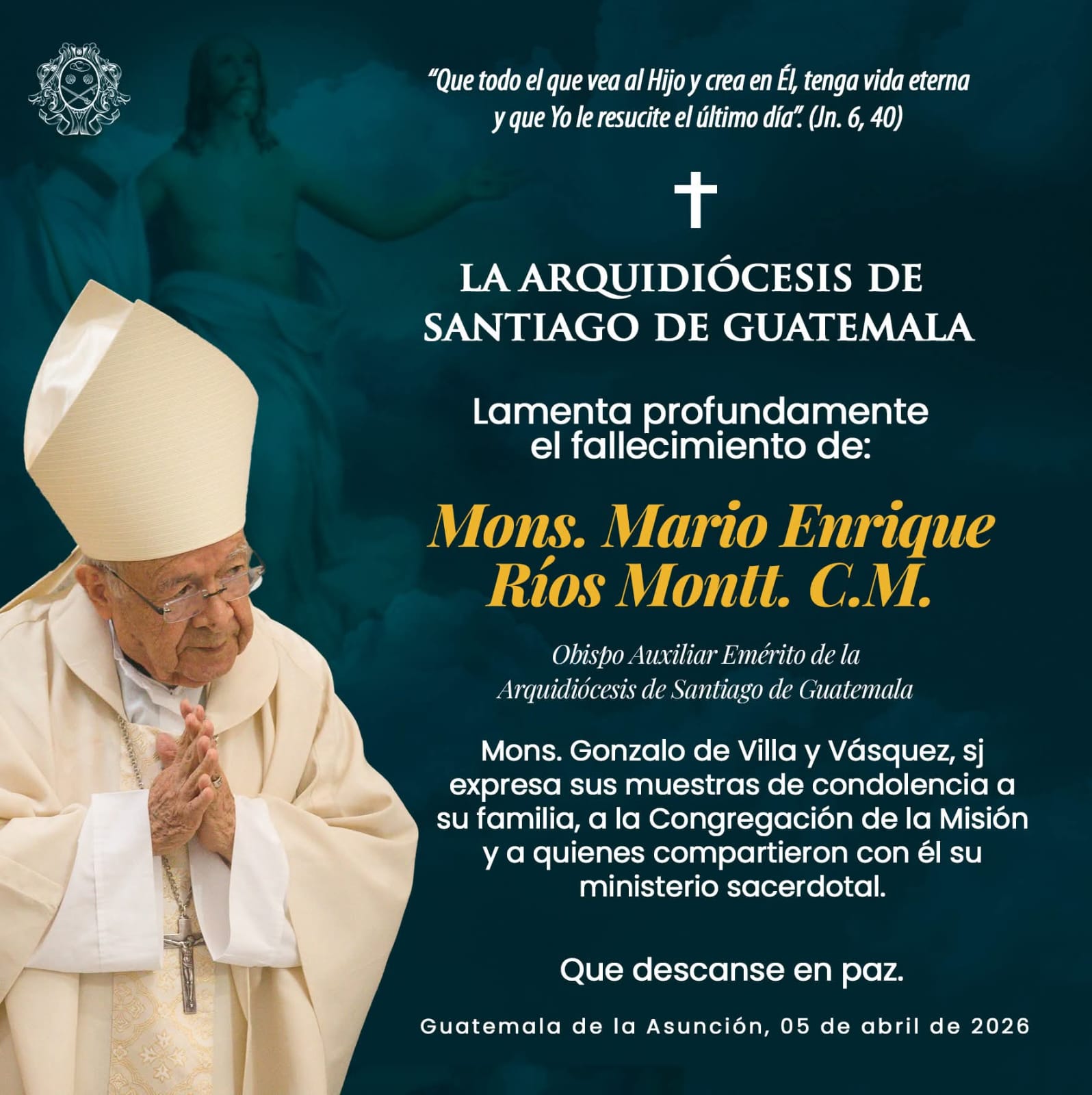 Fallece Monseñor Mario Enrique Ríos Montt, C.M.