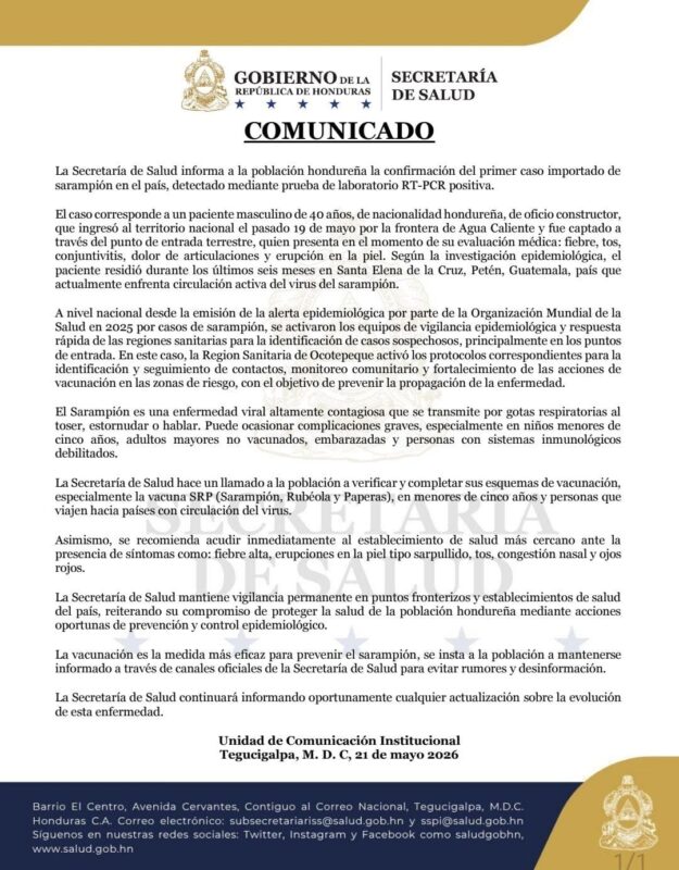 Comunicado de la secretaría de salud de Honduras