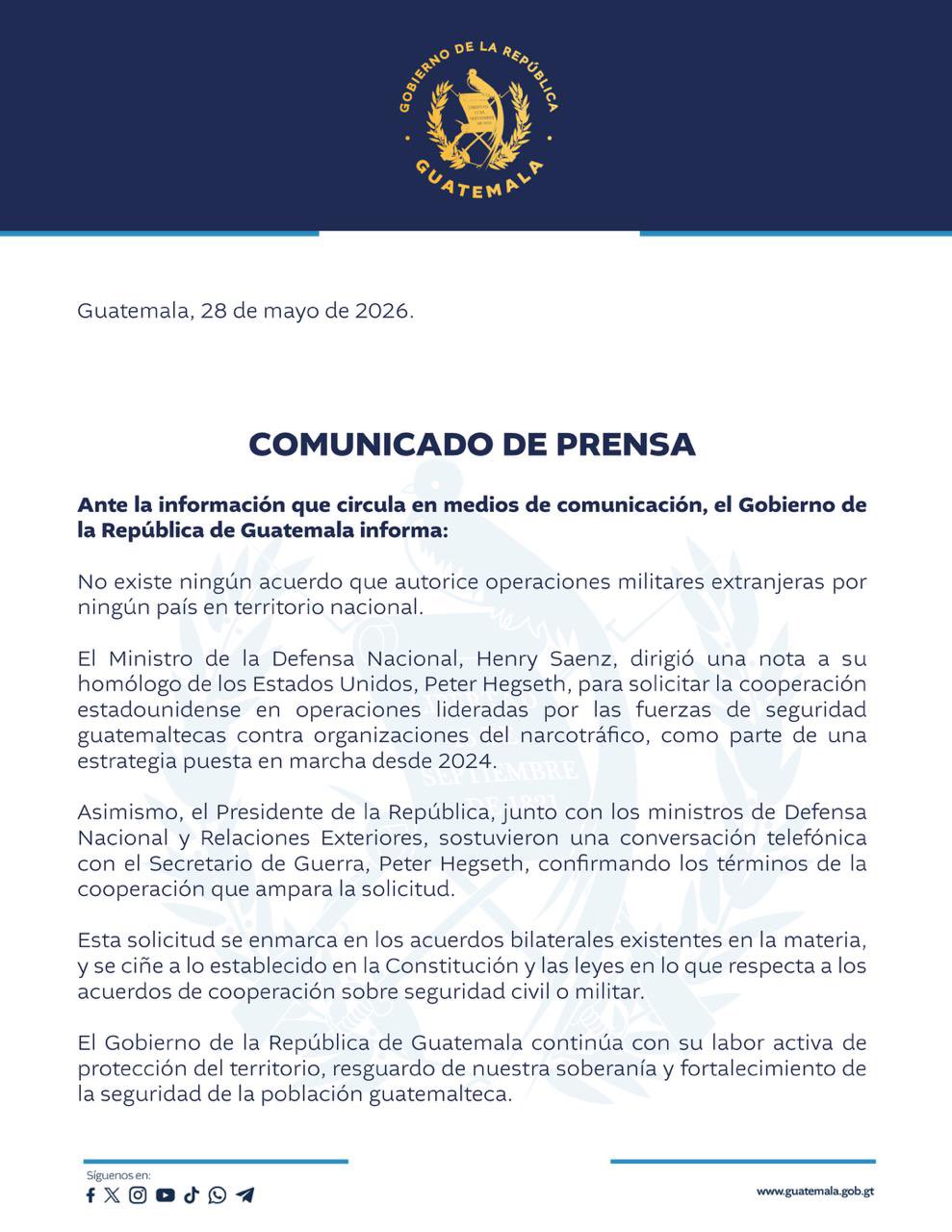 Esta es la solicitud que envió Guatemala al secretario de Defensa de EE.UU.