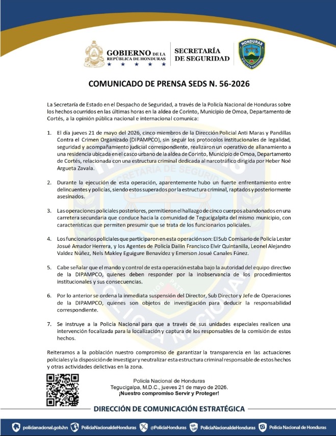 Honduras emite comunicado por asesinato de cinco policías