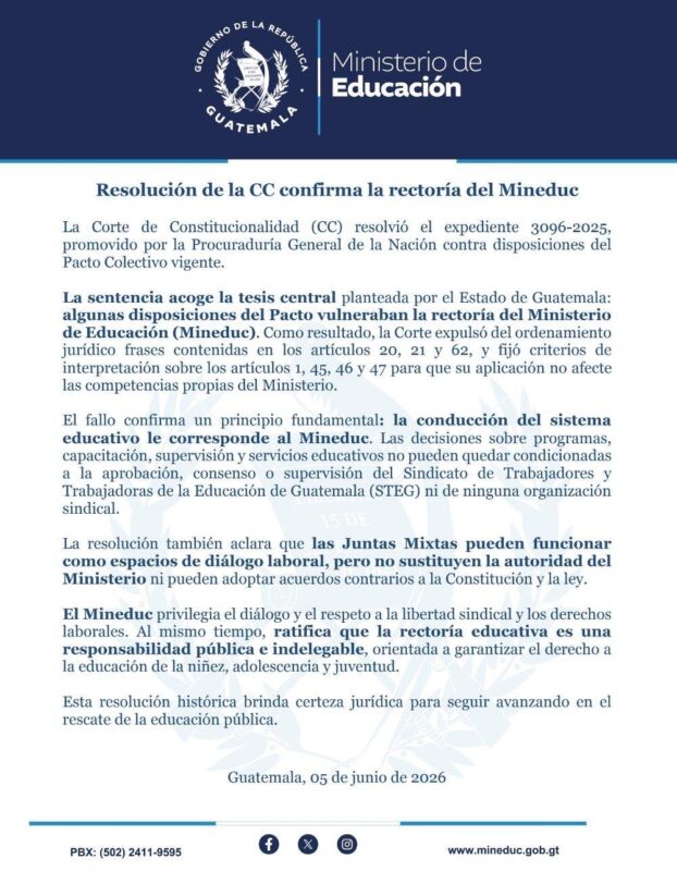 CC confirma la rectoría del Ministerio de Educación y limita atribuciones del sindicato STEG
