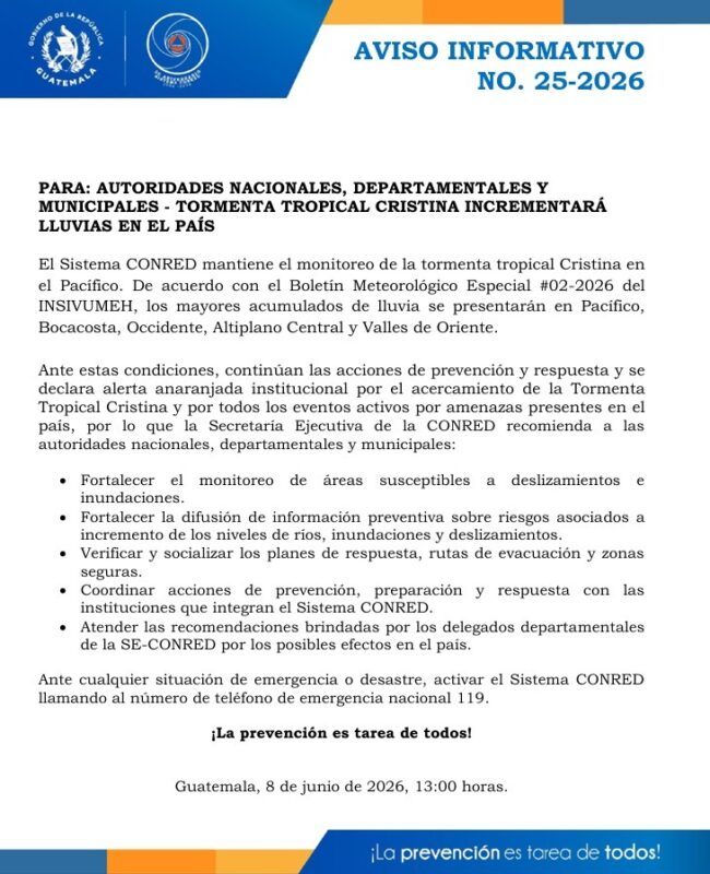 CONRED declara alerta anaranjada institucional por