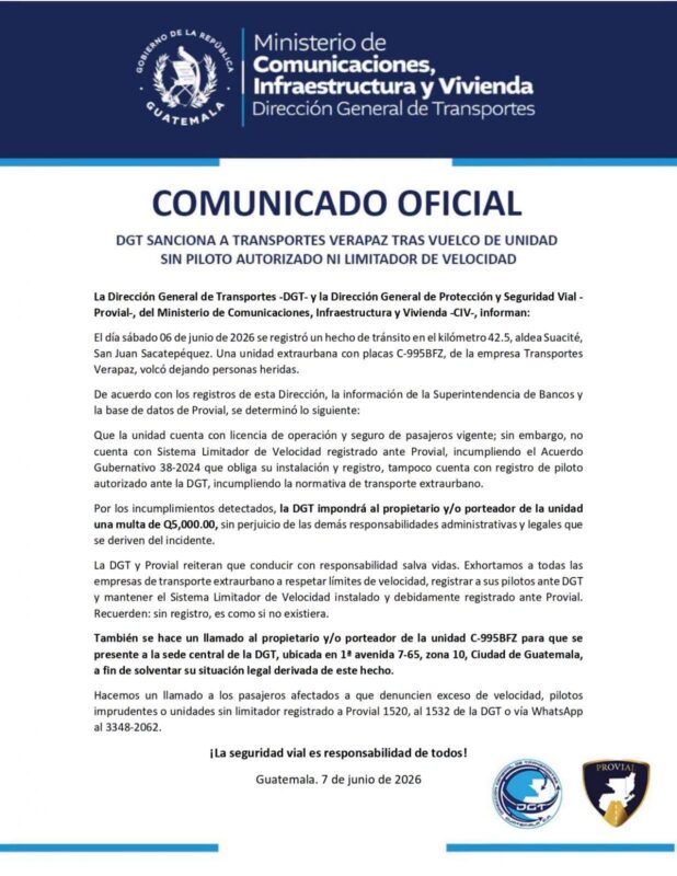 DGT sanciona a empresa tras vuelco de bus en Sacatepéquez