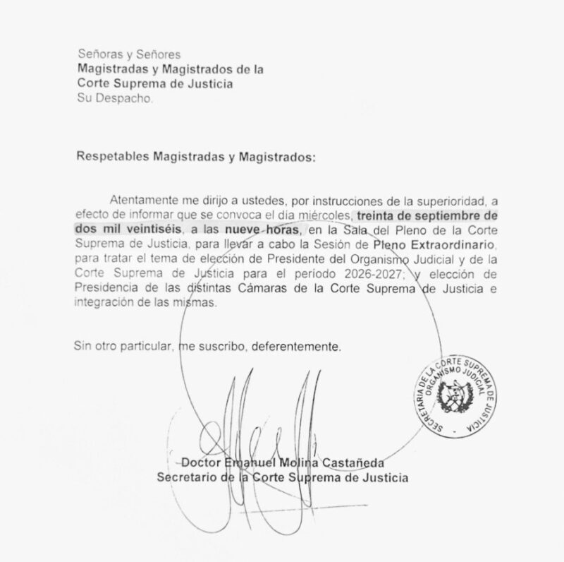 Pleno convocado para elegir presidente de la CSJ y OJ. FUENTE: CSJ. 