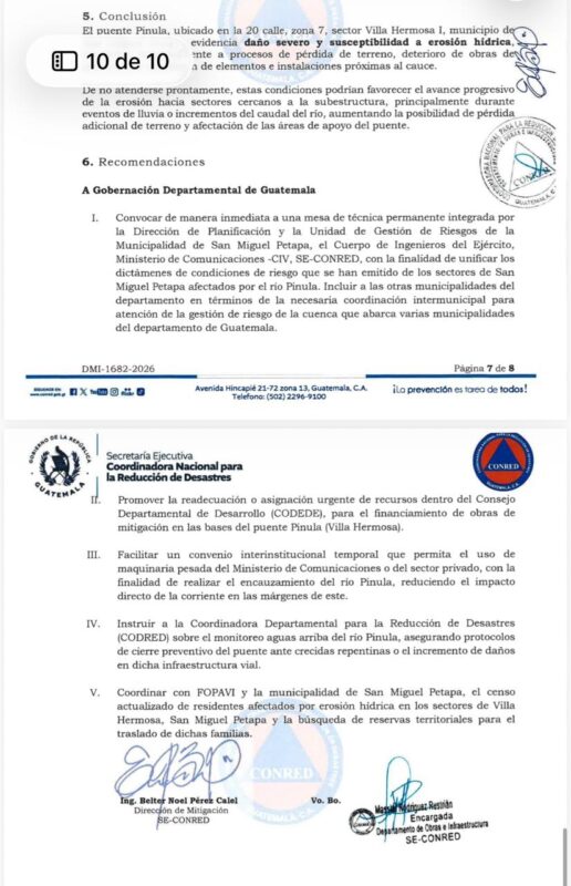 Informe del puente Pinula, FUENTE: CONRED.